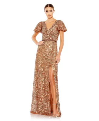 Mac Duggal Women's Sequined Wrap Over Butterfly Sleeve Draped Gown
