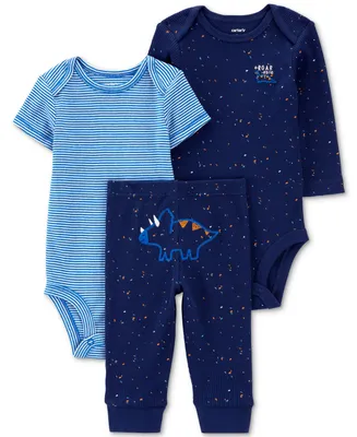 Carter's Baby Boys 3-Pc. Stripe Short-Sleeve Bodysuit, Waffle-Knit Dinosaur-Print Long-Sleeve Bodysuit & Dinosaur Embroidered Pants