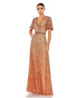 Women's Embellished V Neck Butterfly Sleeve Column Gown