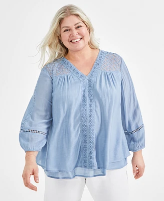 Style & Co Plus Lace-Trim Long-Sleeve Top, Created for Macy's