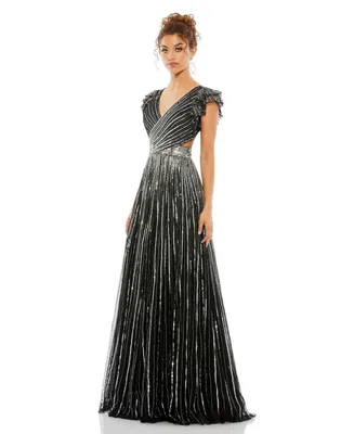 Women's Sequined Cut Out Ruffled Cap Sleeve Lace Up Gown