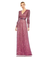 Women's Sequined Wrap Over Bishop Sleeve Gown