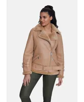 Furniq Uk Women's Shearling Belted Biker Jacket, Silky Caramel with Wool