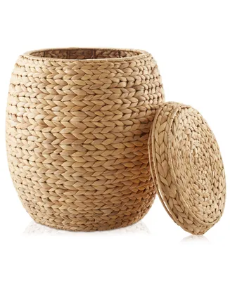 Casafield Round Storage Basket with Lid, Natural - Handwoven Water Hyacinth Hamper Organizer for Laundry, Blankets, Plants