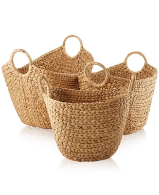 Casafield Set of 3 Boat Baskets with Handles, Woven Water Hyacinth Storage Organizers for Blankets, Laundry, Bathroom, Bedroom, Living Room
