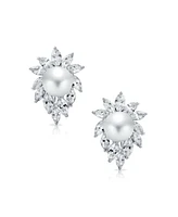 Bling Jewelry Classic Cocktail Party Halo Leaf Cz Marquise 10 Mm White Simulated Pearl Stud Earrings For Omega Back Rhodium Plated Brass