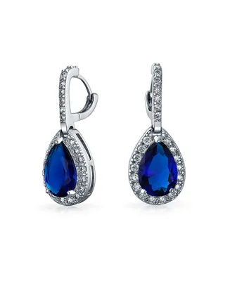 7CT Style Halo Simulated Blue Sapphire Cubic Zirconia Aaa Cz Fashion Dangle Drop Teardrop Earrings For Women Prom Bridesmaid Wedding Rhodium Plated