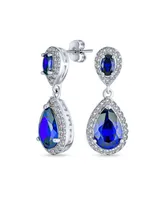 Blue Simulated Sapphire Pave Cz Halo Teardrop Pear Shape Dangle Drop Statement Earrings For Women Prom Silver Plated