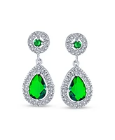 Bling Jewelry Fashion Green Cubic Zirconia Cz Halo Pear Shaped Teardrop Dangle Earrings For Women For Prom Rhodium Plated Brass