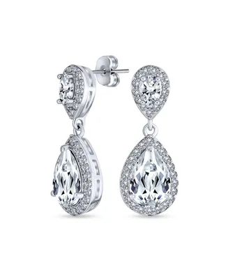 Bridal Pave Halo Dangle Teardrop Cubic Zirconia Aaa Cz Drop Earrings For Women Wedding Prom Rhodium Plated Brass