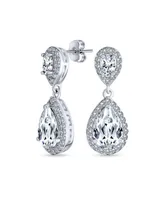 Bling Jewelry Pave Halo Dangle Teardrop Cubic Zirconia Aaa Cz Drop Earrings For Women Rhodium Plated Brass