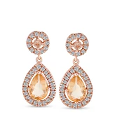 Bling Jewelry Fashion Pink Cz Cubic Zirconia Halo Pear Shaped Teardrop Dangle Earrings For Women Prom Rose Gold Plated Brass