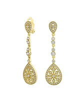 Bling Jewelry Art Deco Style Filigree Teardrop Cubic Zirconia Chandelier Clip On Earrings For Women