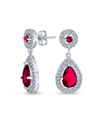 Fashion Red Aaa Cz Halo Teardrop Drop Earrings For Women For Prom Simulated Ruby Cubic Zirconia Rhodium Plated Brass