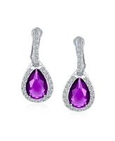 Bling Jewelry 7CT Style Halo Simulated Purple Amethyst Cubic Zirconia Cz Dangle Drop Teardrop Screw Back Clip On Earrings Prom Bridesmaid Wedding Rhod