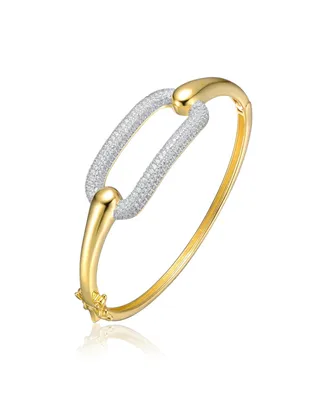 Genevive Sterling Silver 14k Yellow Gold Plated with Cubic Zirconia French Pave Geometric Link Bangle Bracelet