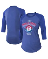 Women's Majestic Threads Royal Texas Rangers 2023 World Series Champions Out of this World Raglan 3/4-Sleeve Tri-Blend T-shirt