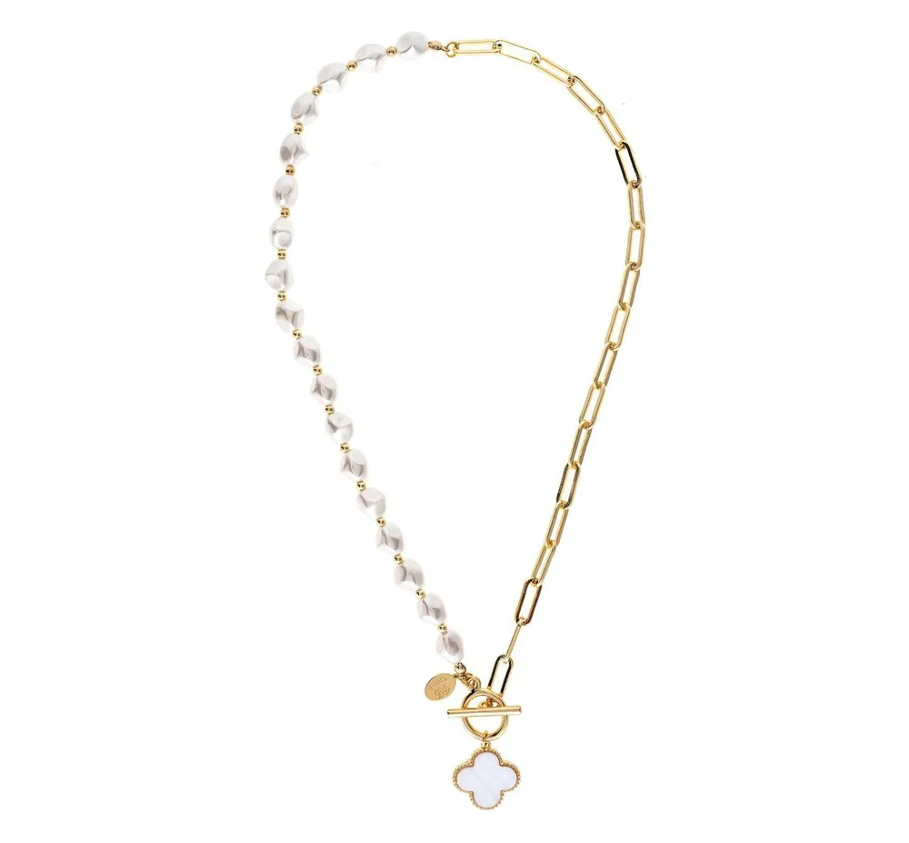 Half Pearl + Half Paperclip Chain Necklace with Clover Charm