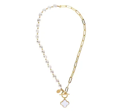 Half Pearl + Half Paperclip Chain Necklace with Clover Charm
