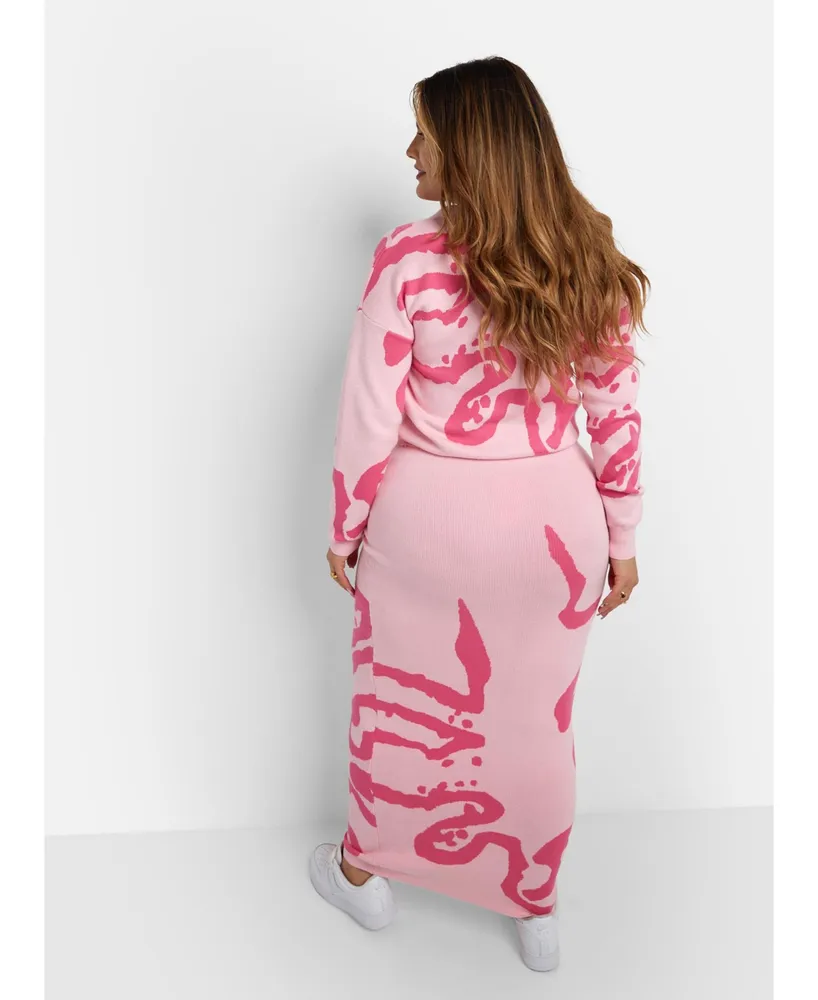 Rebdolls Women's Plus Lady Knit Abstract Print Maxi Bodycon Skirt