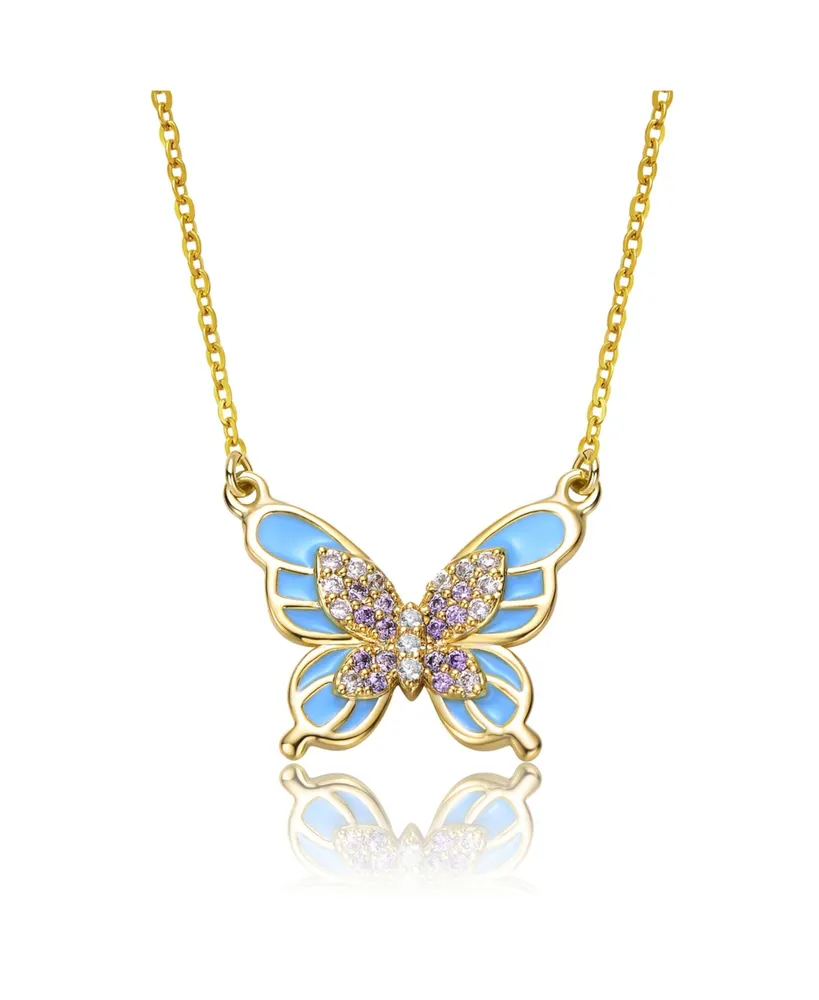 GiGiGirl Kids 14k Gold Plated with Shades of Amethyst Cubic Zirconia Blue Enamel Butterfly Pendant Necklace