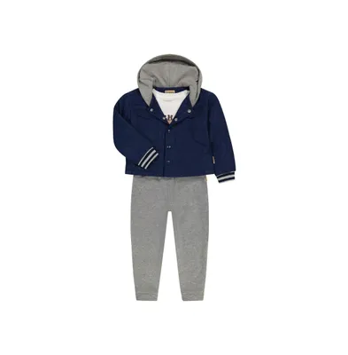 Infant Boys 3 Piece Outfit Set with Quilted Puffer Jacket Hood, Long Sleeve Graphic Top, and Jogger Pants