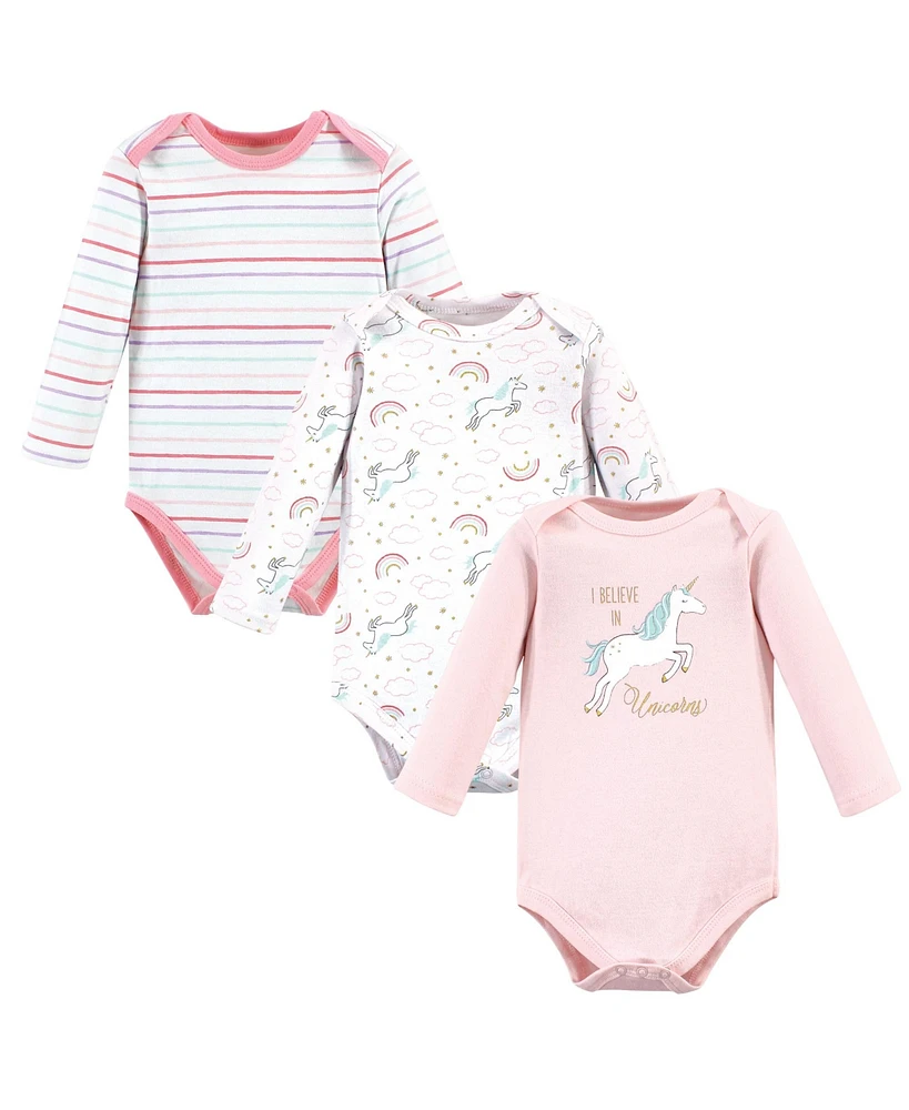 Hudson Baby Girls Cotton Long-Sleeve Bodysuits, Glitter Unicorn, 3-Pack