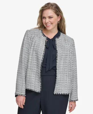 Calvin Klein Plus Size Tweed Open-Front Fringe Jacket