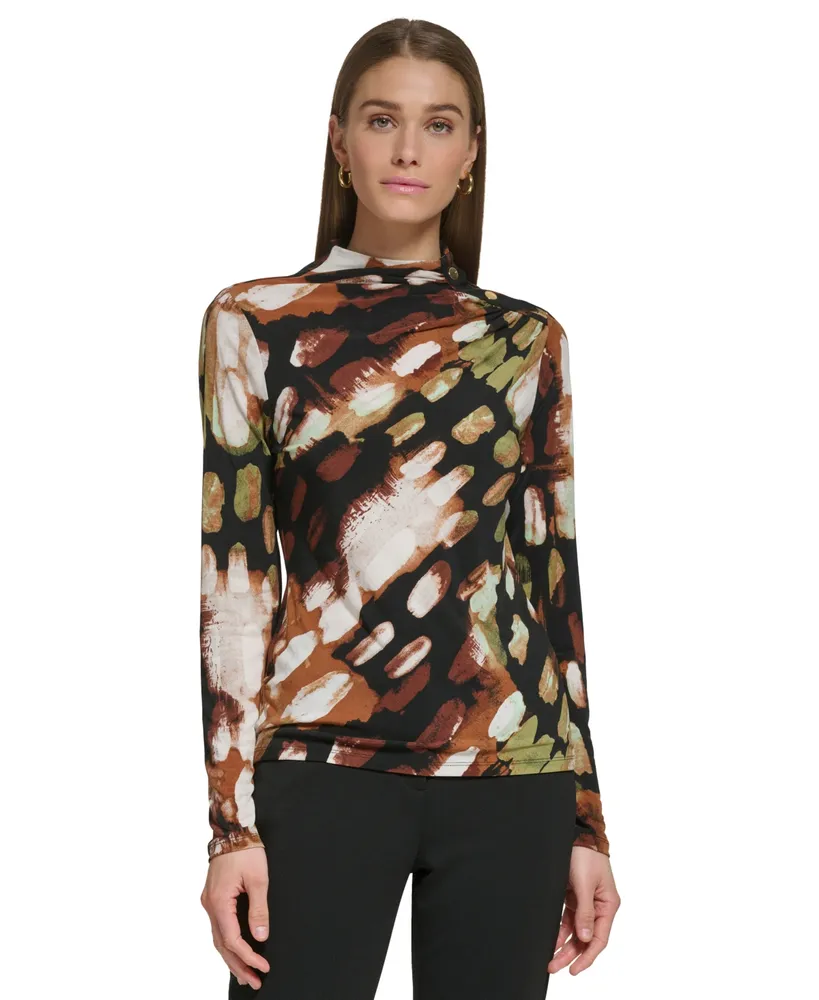 Dkny Petite Printed Mock-Neck Button-Shoulder Top