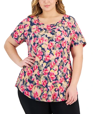 Jm Collection Plus Size Oaklyn Floral-Print Short-Sleeve Top