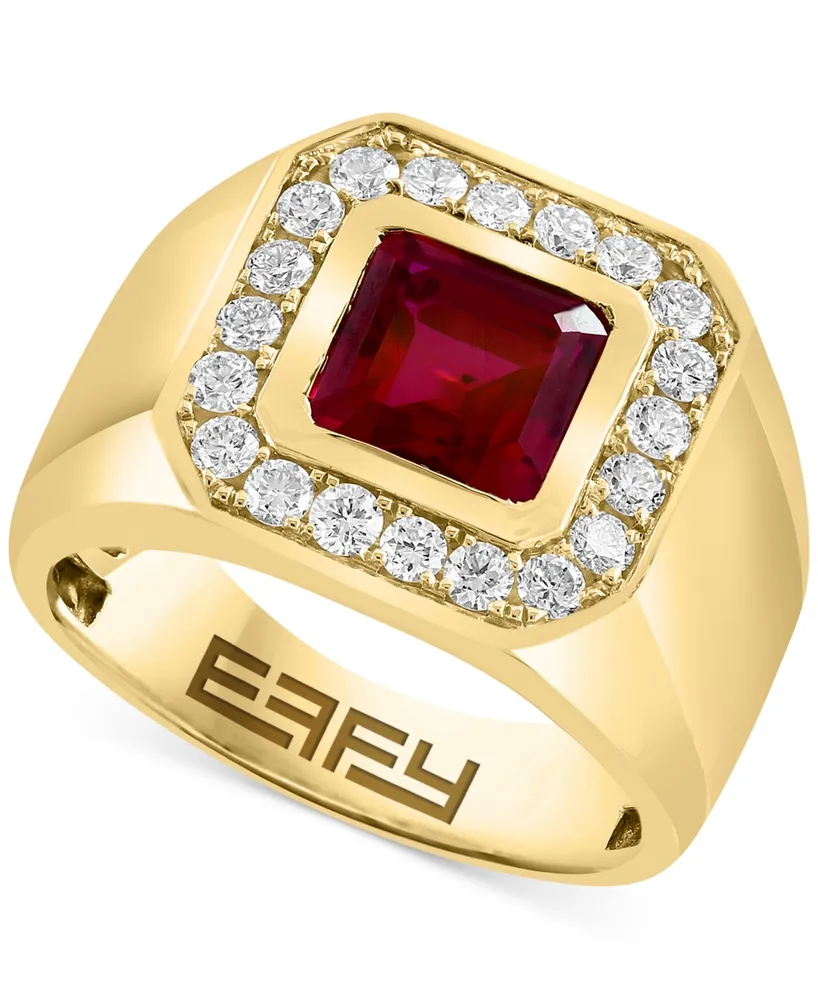 Effy Men's Lab Grown Ruby (2-3/4 ct. t.w.) & Lab Grown Diamond (5/8 ct. t.w.) Halo Ring in 14k Gold