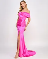 B Darlin Juniors' Satin Ruched Off-The-Shoulder Gown