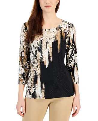 Jm Collection Women's Print 3/4-Sleeve Top, Created for Macy's