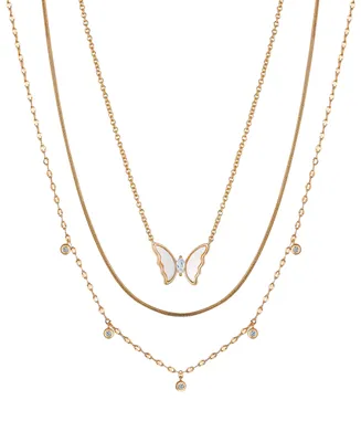 Unwritten Cubic Zirconia and Mother of Pearl Inlay Butterfly 3-Piece Layered Necklace Set