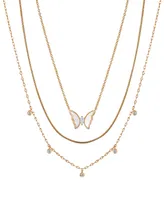 Unwritten Cubic Zirconia and Mother of Pearl Inlay Butterfly 3-Piece Layered Necklace Set