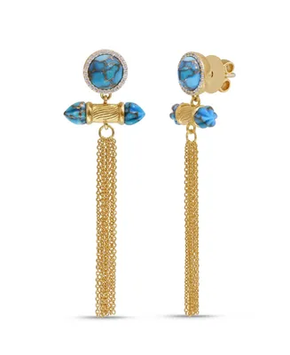 LuvMyJewelry Sunkissed Design Yellow Gold Plated Silver Turquoise Gemstone Diamond Fringe Earring