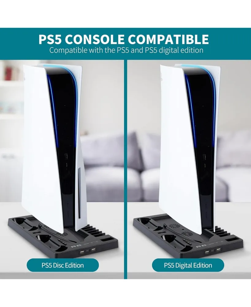 PS5 Vertical Stand with Cooling Fan and Dual Controller Charger Indicator Lamps and 15 Game Slots, Fast Cooling Through Metal Base, With Bolt Axtion B