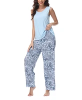 Echo Women's Solid 2 Piece Tank Top with Printed Wide Pants Pajamas Set