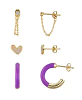 Unwritten Mother of Pearl Inaly Heart Stud and Purple Enamel Hoop 6-Piece Earring Set