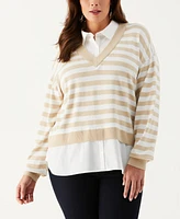 Ella Rafaella Plus Striped Layered Long Sleeve Sweater