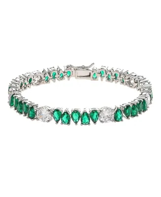 White Rhodium Clad Oval Emerald Crystal + Cubic Zirconia Line Bracelet