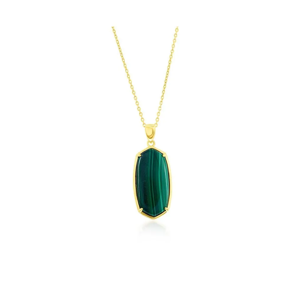 Sterling Silver Long Hexagon Malachite Pendant Necklace - Gold Plated