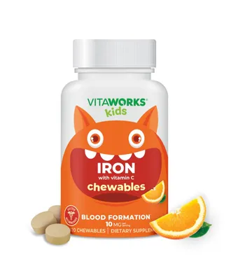 VitaWorks Kids Iron 10 mg with Vitamin C 50 mg Chewable Tablets - Healthy Iron Levels - Tasty Natural Flavor - 120 Chewables