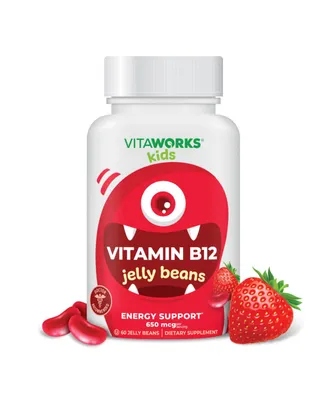 VitaWorks Vitamin B12 650 mcg for Kids Jelly Beans - Energy, Mood, And Metabolism - Tasty Natural Berry Blast Flavor - 60 Jellies