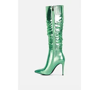 New-expression Pink Metallic Ruched Stiletto Knee Boots