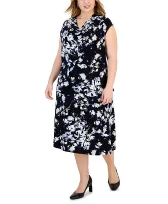 Kasper Plus Size Floral Print Cowl Neck Top Midi Skirt
