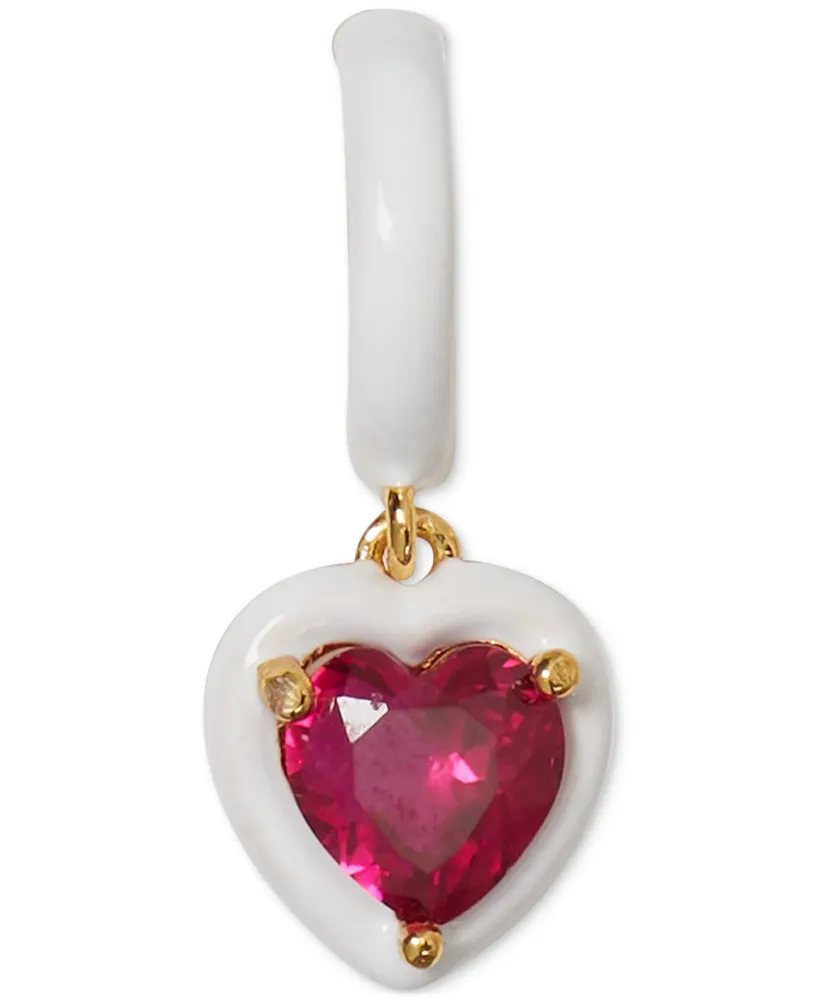 Kate Spade New York Gold-Tone White-Framed Red Crystal Heart Charm Huggie Hoop Earrings