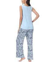 Echo Women's Solid 2 Piece Tank Top with Printed Wide Pants Pajamas Set