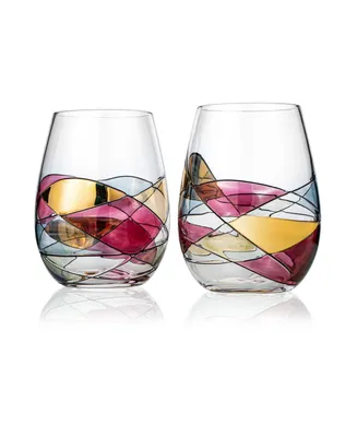 The Wine Savant Artisanal Hand Painted Stemless Wine Glasses, Set of 2