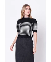 Women's Stripe Short Puff Sleeve Sweater